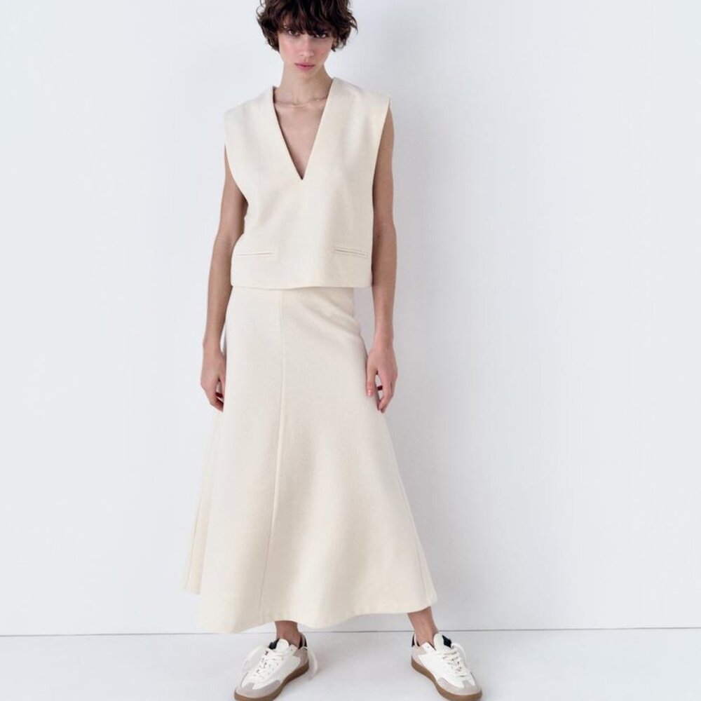 NWT ZARA RUSTIC MIDI SKIRT ECRU